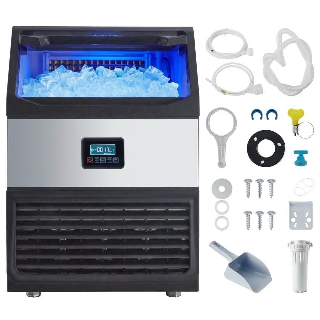 Commercial Ice Maker Machine, 265 LB/24 h, Freestanding Under Counter Stainless Steel Ice Machine with 55 LB Storage Bin, Thickness Adjustable & Self Cleaning for Bar Hotel