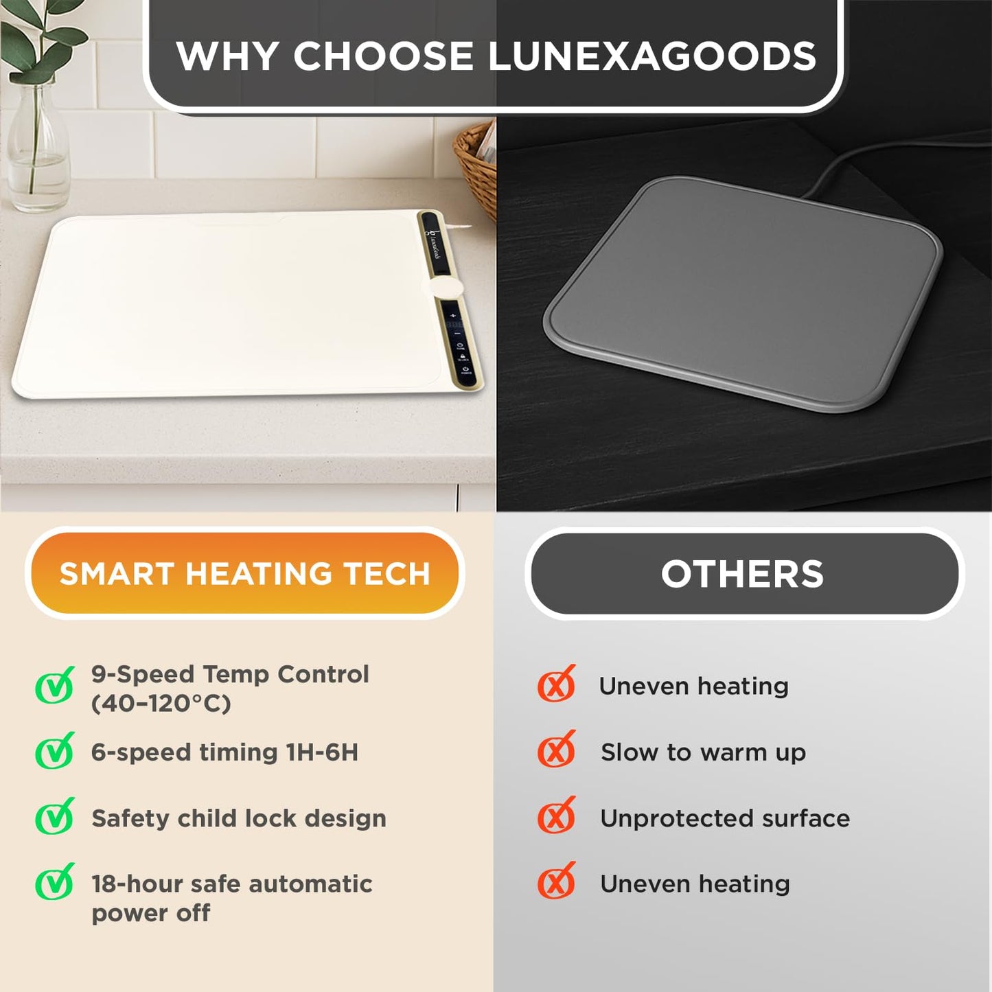 LunexaGoods Food Warming Mat, 9-Temperature Electric Heating Tray with Timer & Safety Lock, Silicone Roll-Up Buffet Warmer for Countertop, Parties, Home & Travel (Beige)