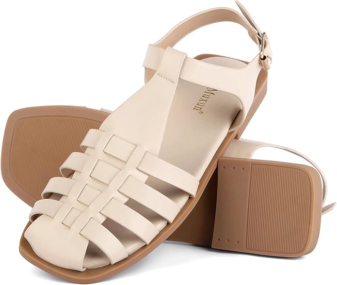 MaxMuxun Women's Flat Sandals Closed Toe Summer Roman Sandals Beach Sandals Square Toe Gladiator Outdoor Shoes