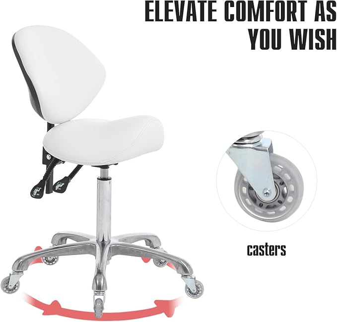 FRNIAMC Hydraulic Saddle Rolling Adjustable, Heavy-Duty (350 lbs) Stool Chair for Beauty Salon Massage Dental Clinic Home Office Use(White, Updated to Soft Wheels)