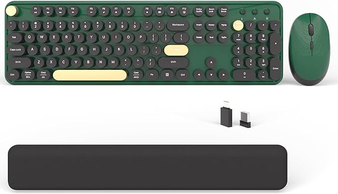 Colorful Wireless Computer Keyboards Mouse Combos, Cute Retro Typewriter Keyboard with Round Keycaps, 2.4 GHz 104 Keys Full-Sized USB/Type C Receiver Keyboard and Optical Mouse（Dark Green）