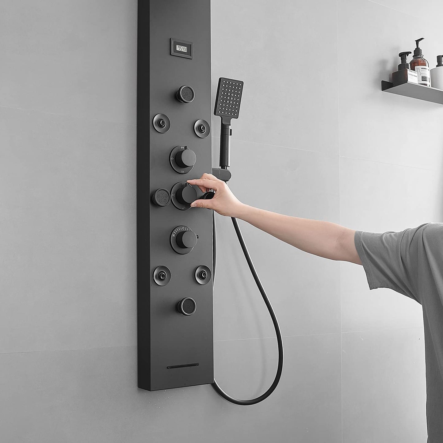 BWE Shower Panel Rainfall Waterfall with Handheld Shower Matte Black 6 IN 1 Stainless Steel Shower Tower Panel System Massage Body Jets with Tub Spout Water Temperature Display Wall Mount
