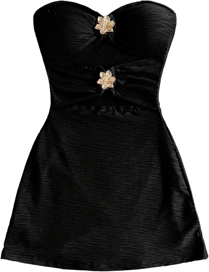 Milumia Women's Metal Flower Cut Out Tube Top Mini Dress Textured Sleeveless Bodycon Party Club Vacation Dresses