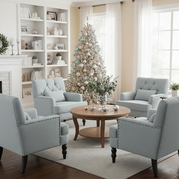 HUIMO Accent Chairs Set of 2, Tufted Club Chair Set of 2 with Lumbar Pillow,Upholstered Button Armchair, Linen Fabric Sofa Chairs for Bedroom, Living Room, Mid Century Modern Reading Chair,Light Blue
