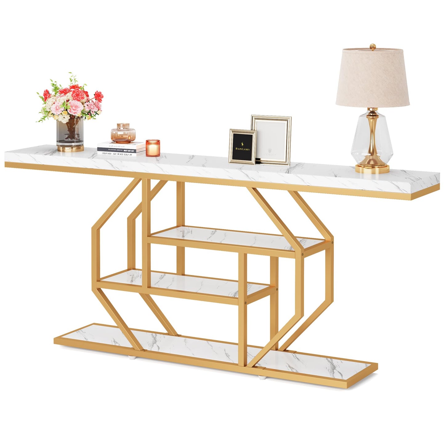 Tribesigns 70.9 inch Extra Long Console Table, Modern Gold Sofa Table Behind Couch with Storage, 4 Tier Entryway Accent Table for Living Room, Hallway, Entrance, Faux Marble White