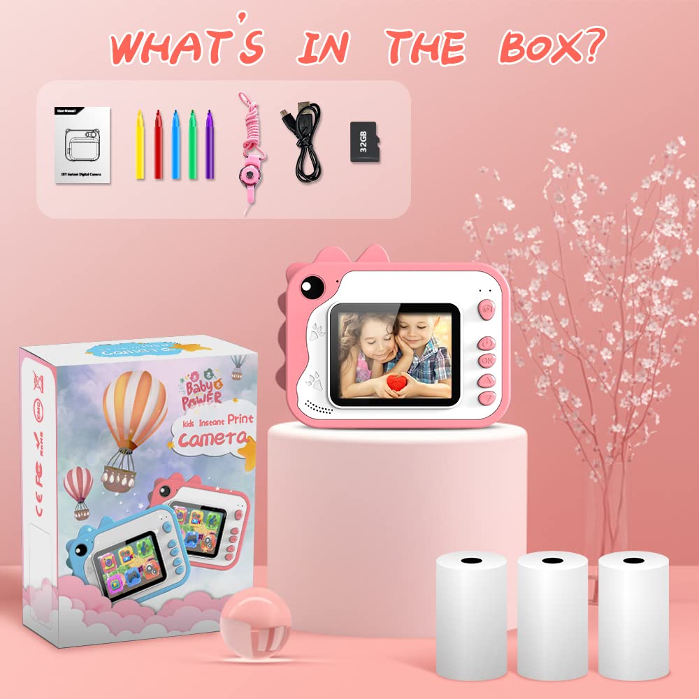 Kids Camera Instant Print, Dinosaur Instant Print Camera for Kids with 1080P Video, 32GB SD Card, 240 Photos, Christmas Birthday Gifts for Boys Girls Ages 3-12 (Pink)