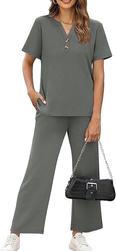 OFEEFAN 2 Piece Sets for Women Spring Fashion Beach Vacation Cruise Outfit Dressy Casual Wide Leg Crop Pants Resort Wear