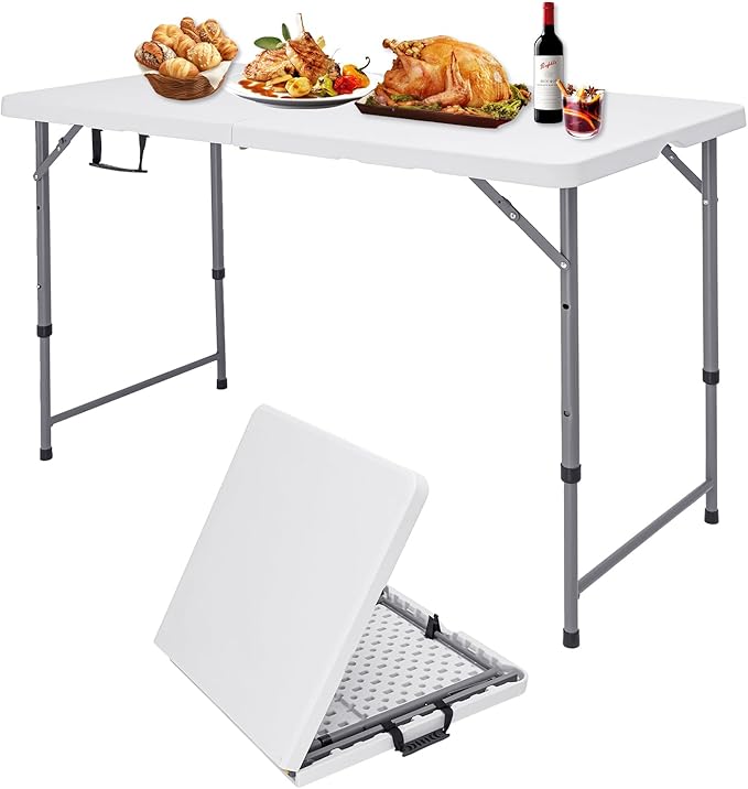 CHRONELLE 4FT Folding Table Adjustable Height, Folding Card Table 4 Foot Portable, Plastic Rectangular Camping Tables for ...