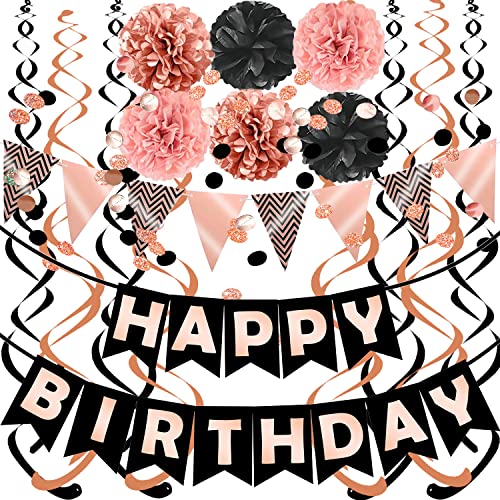 FECEDY Rose Gold Black Theme Happy Birthday Banner Flag Bunting Paper Circle Confetti Garland Swirl Streamers Honeycomb Ba...
