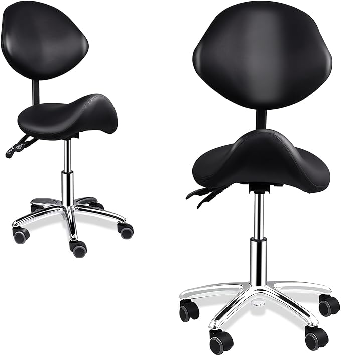 Saddle Stool with Back Support, 400lbs Adjustable Salon with Wheels, Heavy Duty Rolling Ergonomic Rolling Esthetician Seat for Home Office Salon Shop Dentist Clinic, for People 5 ft to5.8 ft Tall