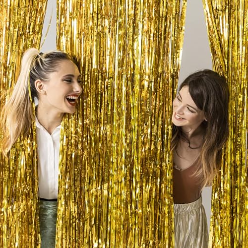 2 Pack Gold Backdrop Birthday Decorations Foil Curtain Backdrop Gold Streamers Dance Party Decorations Photo Booth Props f...