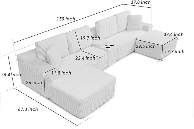 150" Oversized Modular Sectional Sofa,Deep Seat Cloud Corduroy Boneless Couch with Cup Holders,USB Ports, Wireless Charging & Storage Box,Upholstered Modular Sleeper Sofa for Living Room (Orange)
