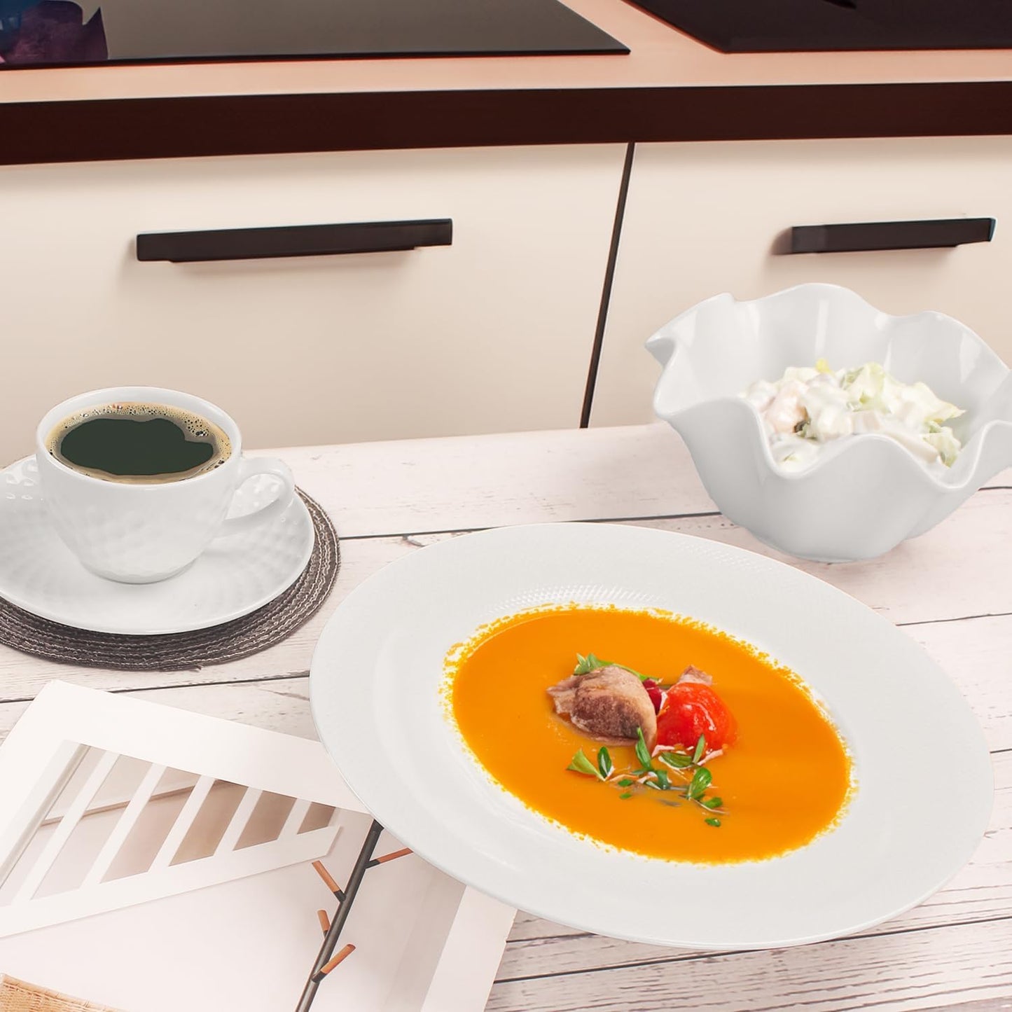 Soup Bowls, Pasta Bowls Plates, White Salad Bowls Set of 4, Embossed Porcelain Wide Rim Bowls, 6 oz, Microwave & Dishwasher Safe, Best for foodies and restaurants 9.9 Inch Reticulated