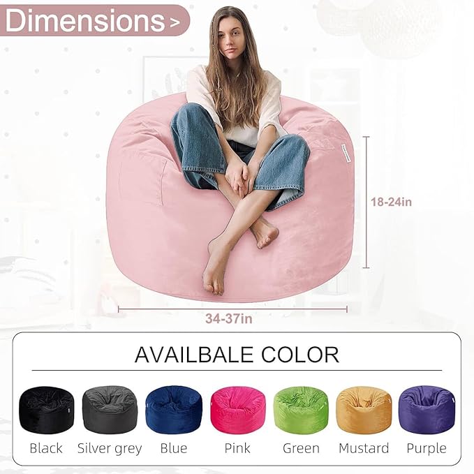 HABUTWAY Bean Bag Chair 3Ft Luxurious Velvet Ultra Soft Fur with High Rebound Memory Foam Bean Bag Chairs for Adults Plush Lazy Sofa with Fluffy Sponge 3' (Pink)