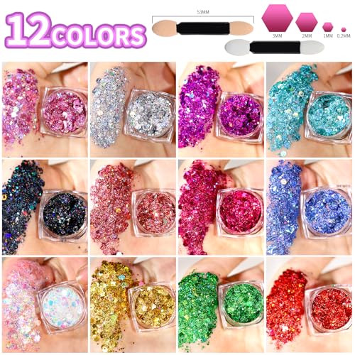 Teenitor Body Glitter Face Glitter Makeup Festival Glitter, 12 Colors Face and Body Glitter Gel, Hair Glitter Gel, Body Ma...