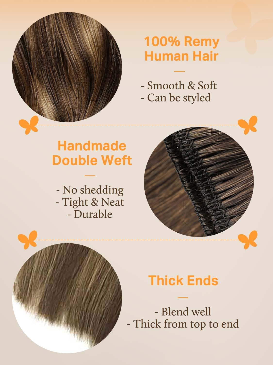 DOORES Sew in Hair Extensions 22 Inch 110g Balayage Chocolate Brown to Caramel Blonde, Remy Weft Long Straight Hair