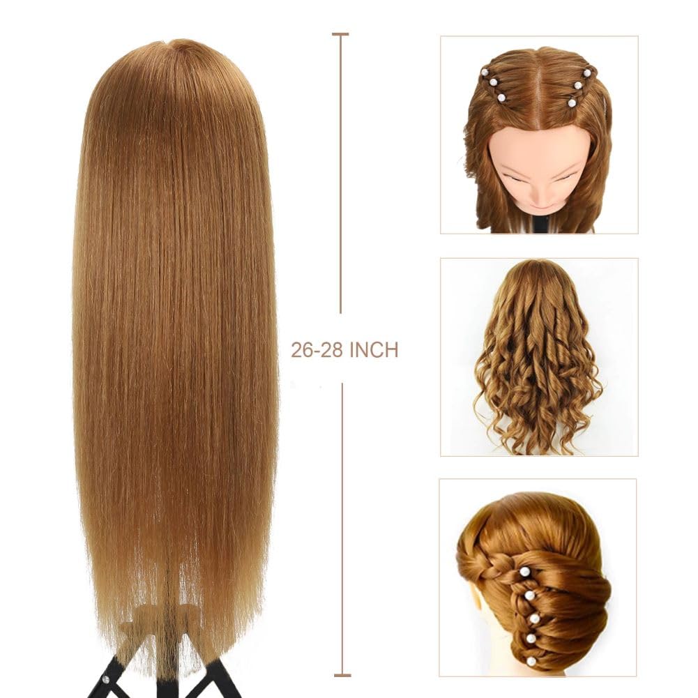 Opini Mannequin Head with 80% Human Hair - Straight, 26"-28" Doll Head for Cosmetology & Hairdresser (#27 Light Brown)