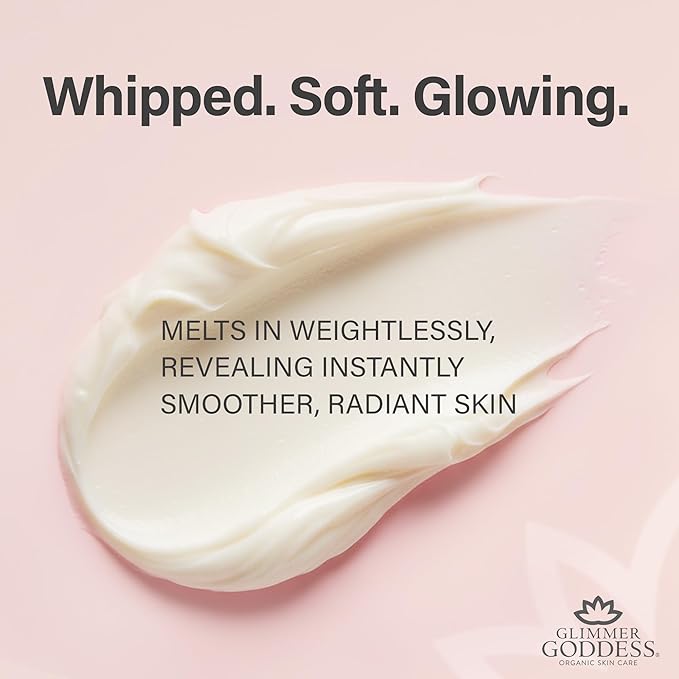 Glimmer Goddess Organic Whipped Body Butter for Women - Moisturizer Cream with Shea & Cocoa Butter, Almonds & Coconut Oil - Strawberries & Cream, 8oz