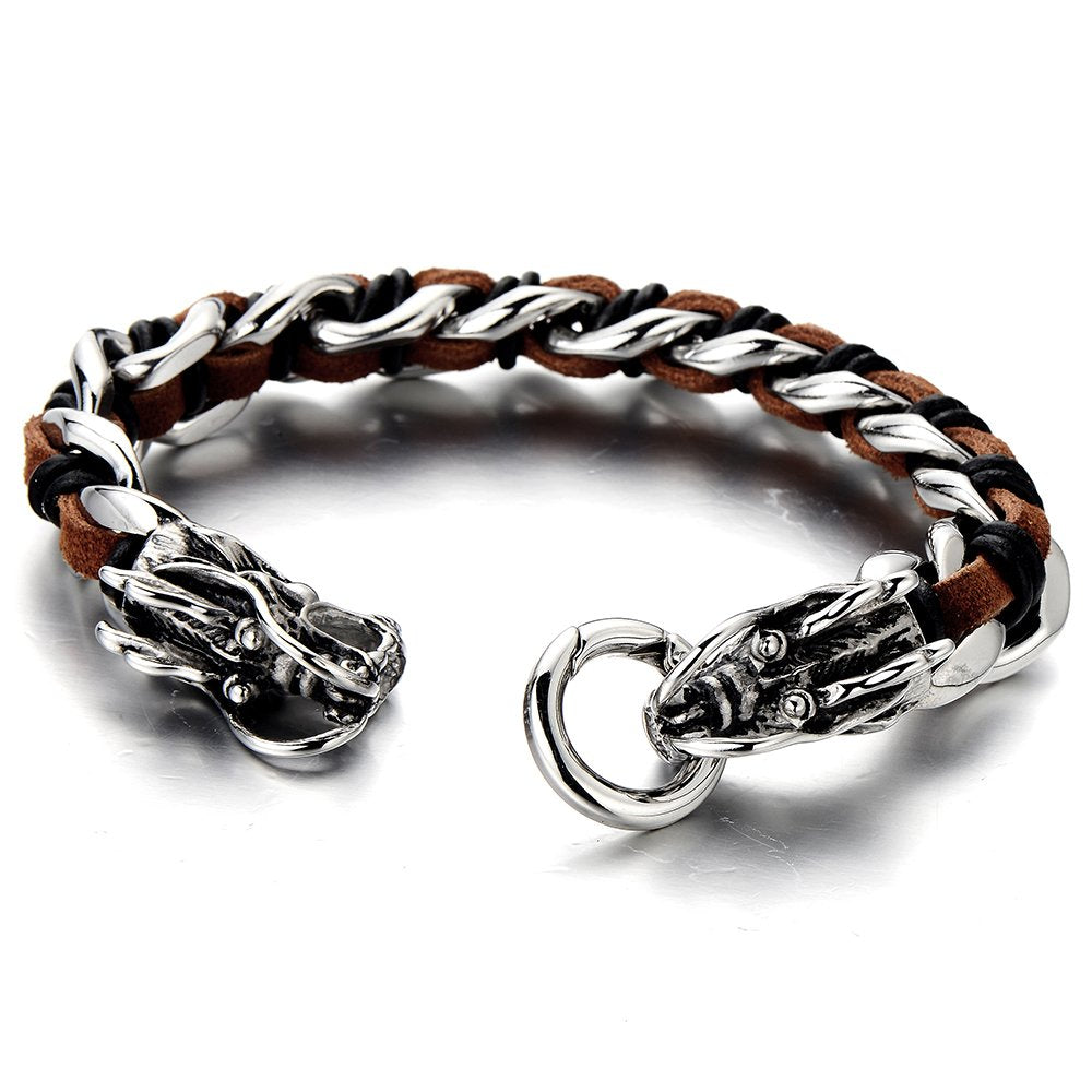 COOLSTEELANDBEYOND Stainless Steel Mens Dragon Curb Chain Bracelet Interwoven with Brown Genuine Leather Strap