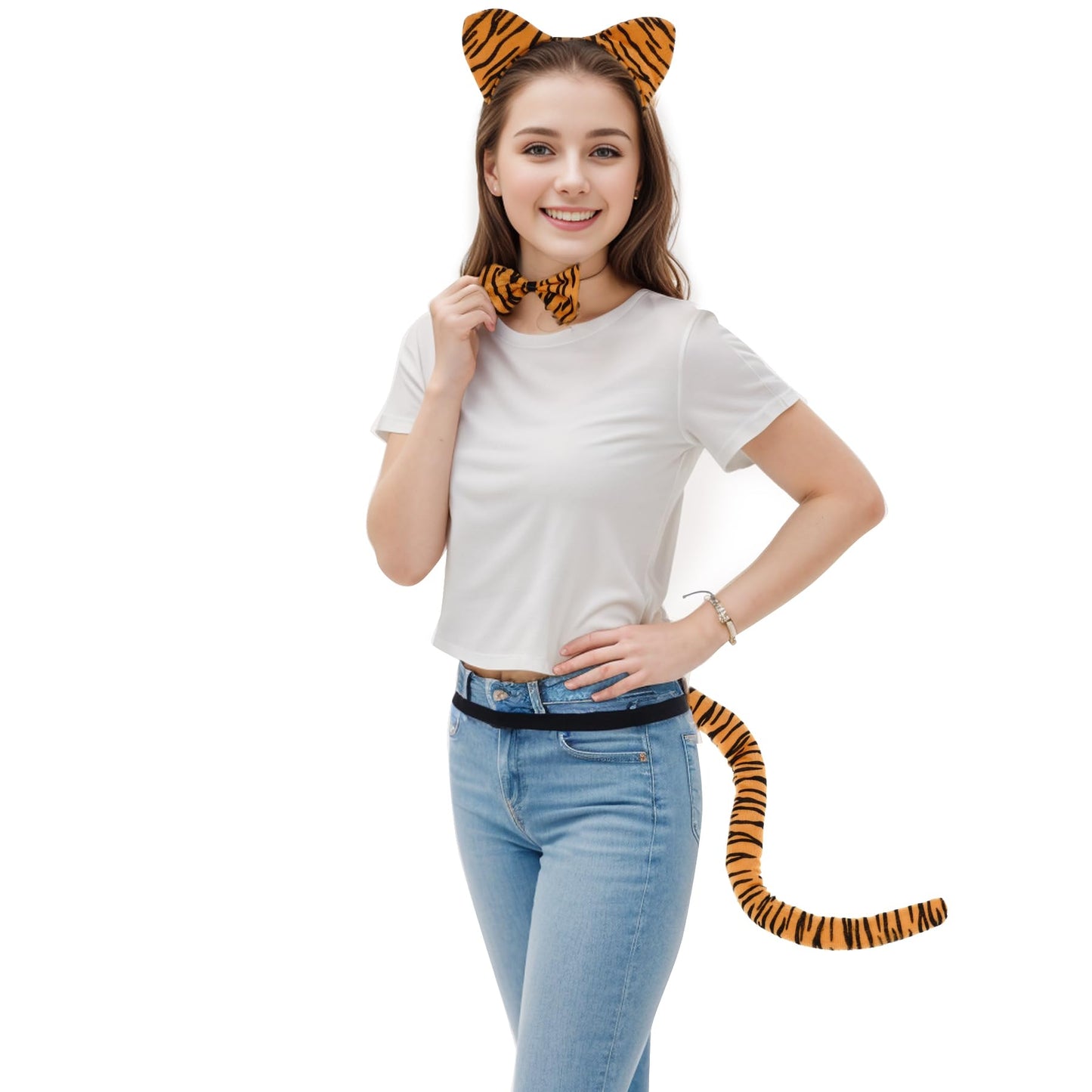obmwang Tiger Animal Costume Set Tiger Ears Headband Bow Tie Tail Kit, Dress Up Halloween Accessories