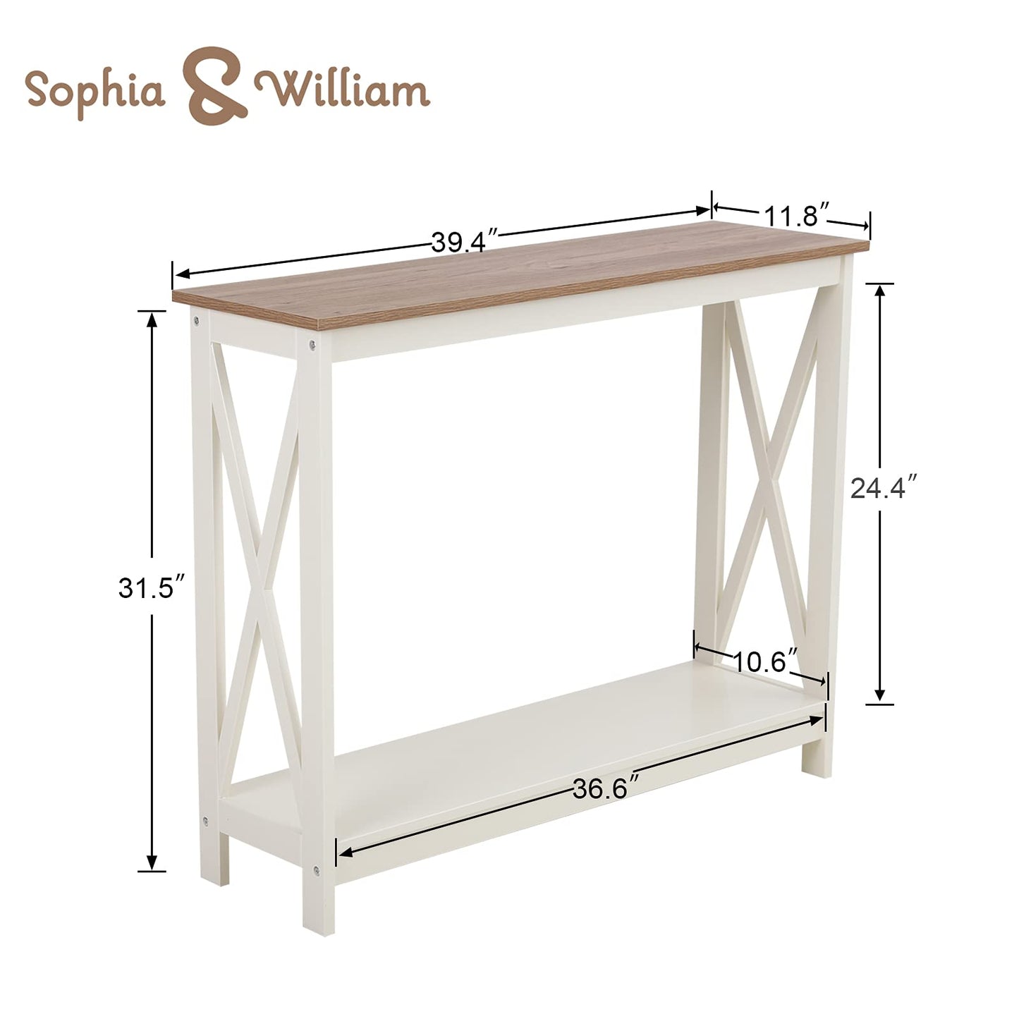 Sophia & William Console Table with Storage Shelf, 2 Tier Farmhouse Sofa Table for Entryway, Hallway, Living Room, Ivory
