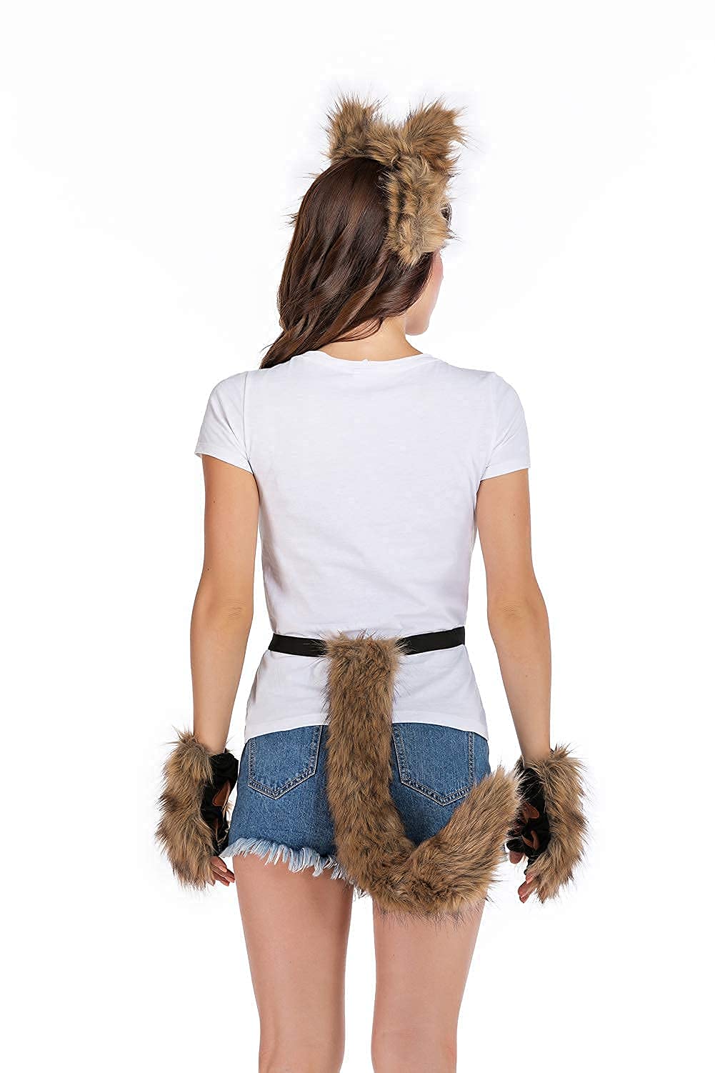 HAOAN Wolf Fox Tail Clip Ears and Gloves Set Halloween Christmas Fancy Party Costume Toys Gift for Women and Man Gray