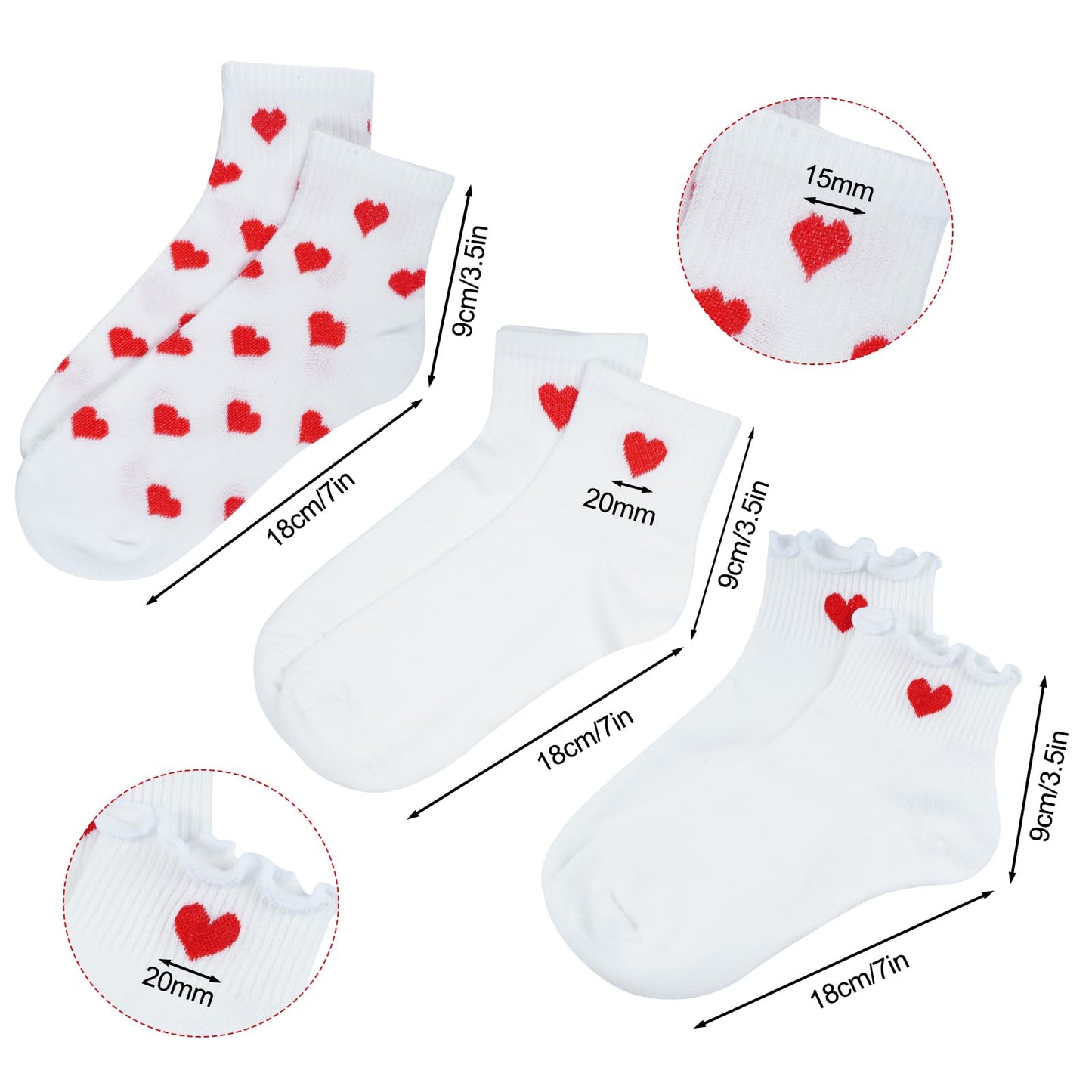 phnydreg 6 Pairs Heart Pattern Ankle Socks Red Heart Ruffle Quarter Socks for Women Girls