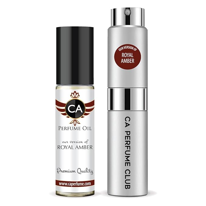 CA Perfume Duo Impression of Royal Amber For Women And Men Perfume Layering Set Long Lasting Travel Size EDP + Body Oil Roll-On Bottle 0.27 Fl Oz+0.33 Fl Oz
