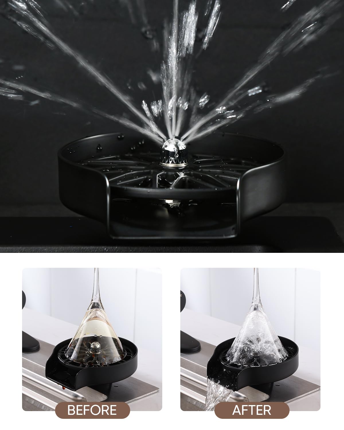 Glass Rinser for Kitchen Sink, Universal Sink Bottle Washer for Baby Bottle Glass Cup, Black Cup Washer for Sink, Stainless Steel