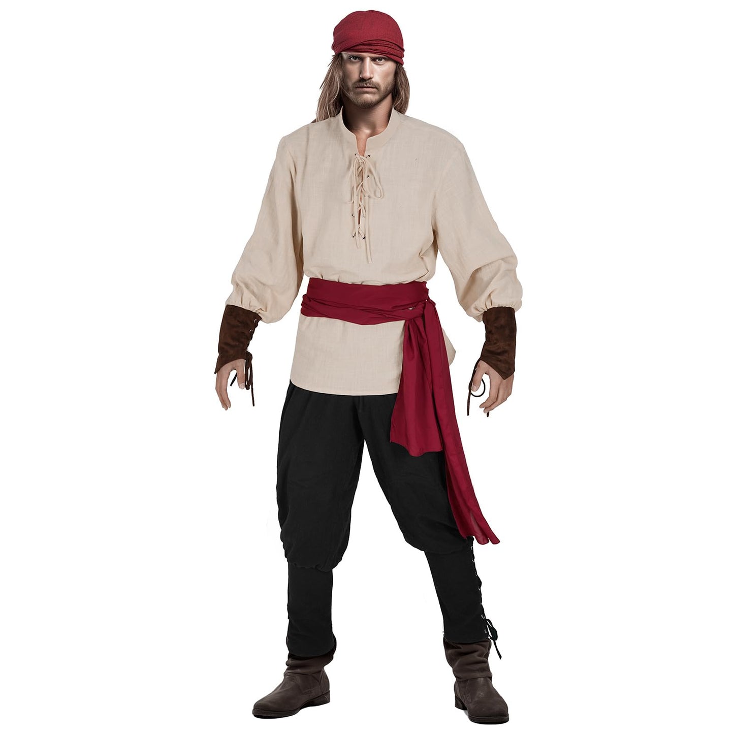 Teyujosem Men's Pirate Costume Set 4 PCS Medieval Renaissance Shirt Viking Ankle Banded Pants Halloween Costume(Z3601F,S)