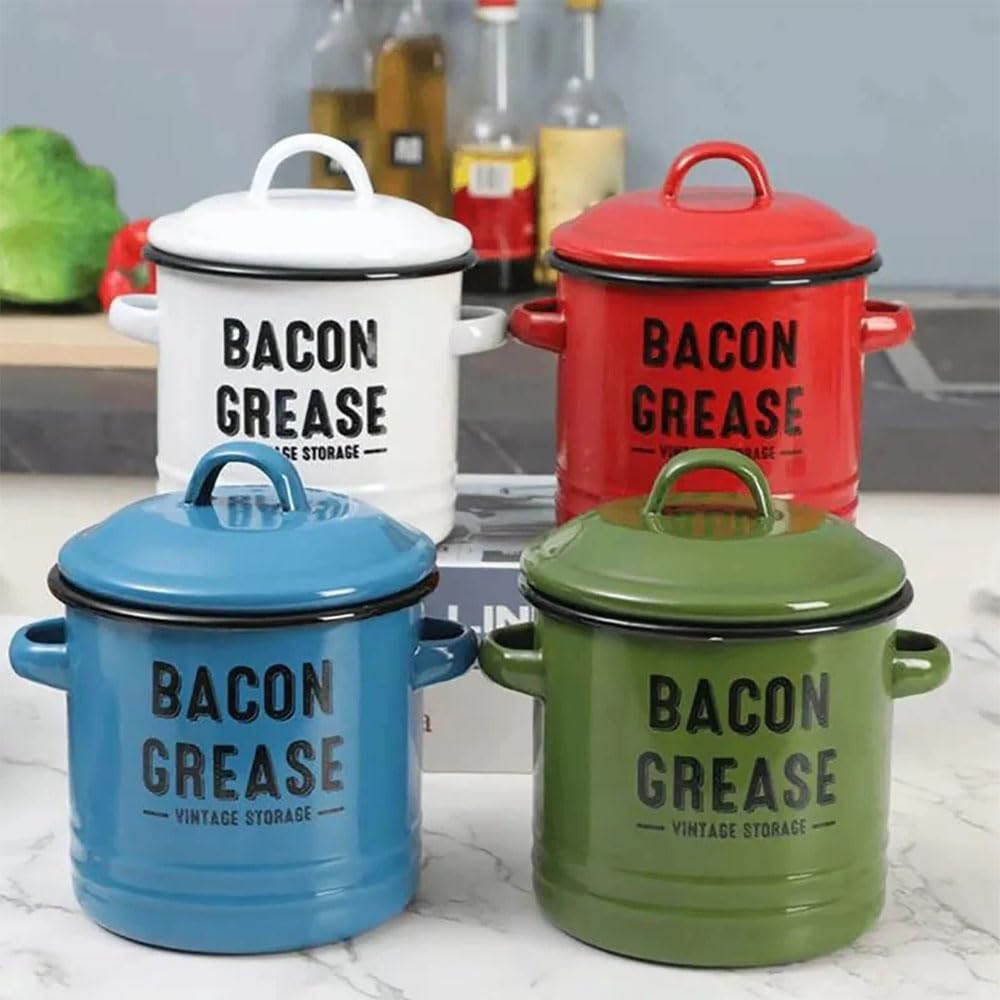 2026 New Bacon Grease Container with Strainer and Food-Grade Silicone Spatula, 46 Oz Grease Trap Jar, Greases Saver for Kitchen, Enamel Oil Can for Cooking/Frying/Baking (Blue)