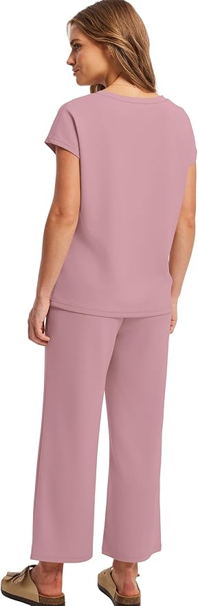 Saloogoe Two Piece Sets for Women Summer Outfits Lounge Sets V Neck Tops Wide Leg Pants Woman Vacation Travel Outfits
