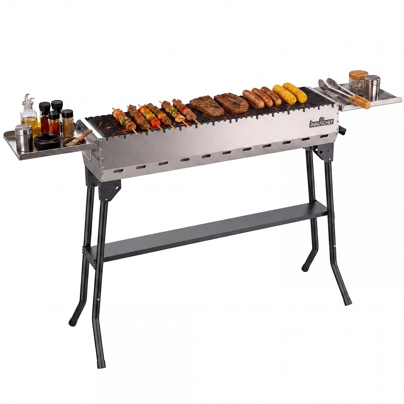 Charcoal Grill, Foldable Portable Camping Charcoal Grill, Stainless Steel BBQ Grill with Ceramic Grate, 2-in-1 Side Tables & Pull-Out Ash Pan Outdoor & Backyard Grill for Patio Cooking