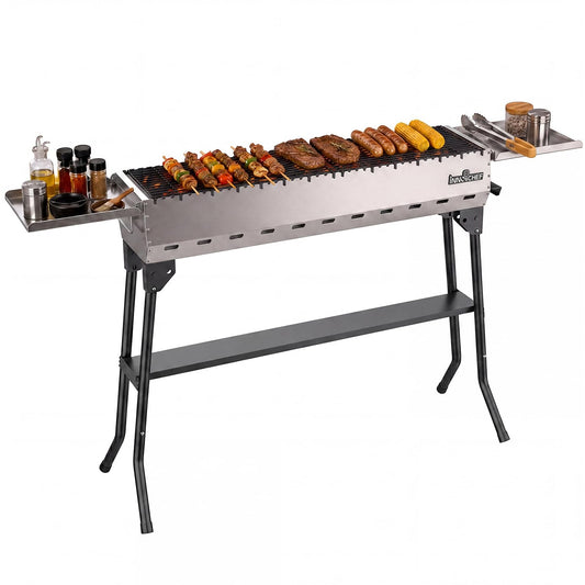 Charcoal Grill, Foldable Portable Camping Charcoal Grill, Stainless Steel BBQ Grill with Ceramic Grate, 2-in-1 Side Tables & Pull-Out Ash Pan Outdoor & Backyard Grill for Patio Cooking