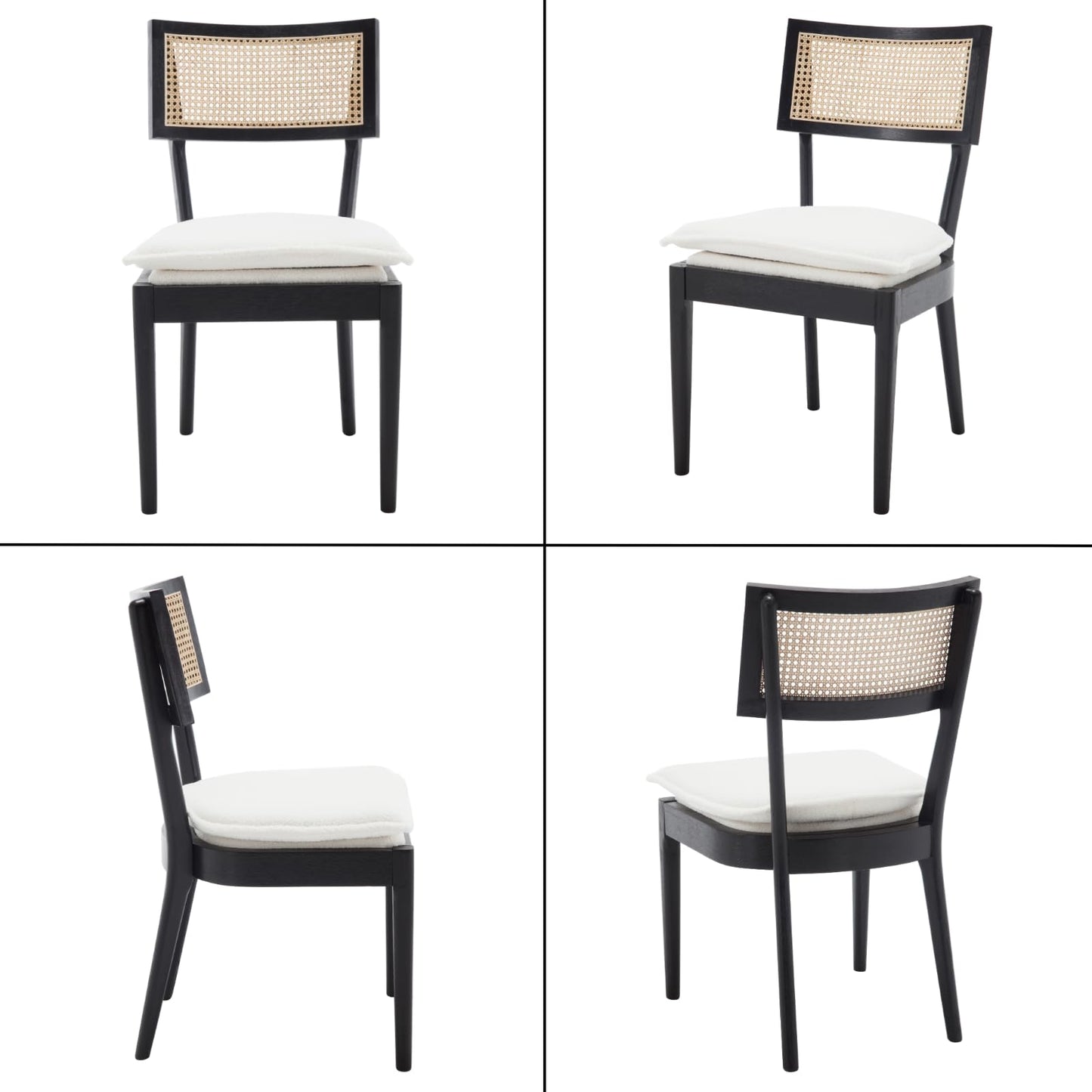 QUINJAY Rattan Farmhouse Dining Chairs Set of 4, French Country Sherpa Dining Chairs with Cane Back, Upholstered Boucle Dining Room Chairs Rustic Kitchen Chairs with Wood Frame for Living Room, Black