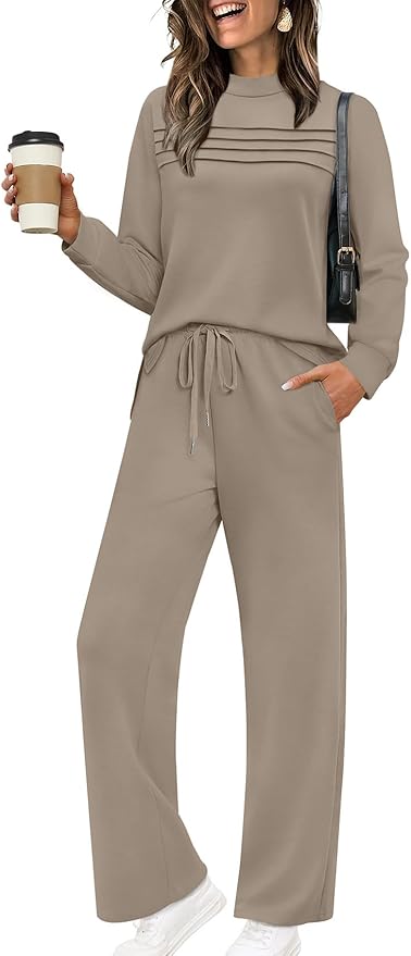WIHOLL Two Piece Sets for Women Fall Travel Vacation Outfits Long Sleeve Lounge Sets Side Slit Wide Leg Pants S-3XL