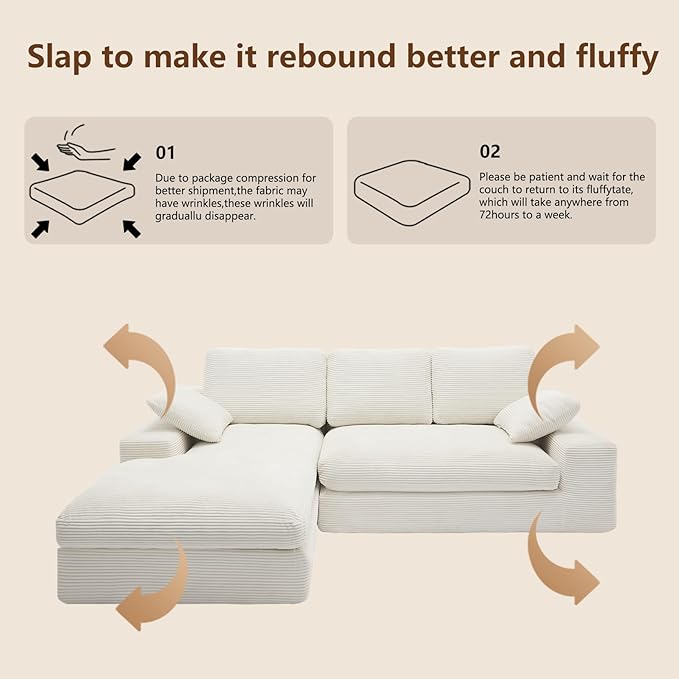 98.4" Cloud Modular Sectional Couch with Chaise,L-Shaped Modern Upholstered Sofa with Deep Seat,Corduroy Sectional Couches for Living Room and Bedroom,No Assembly Required(Beige)
