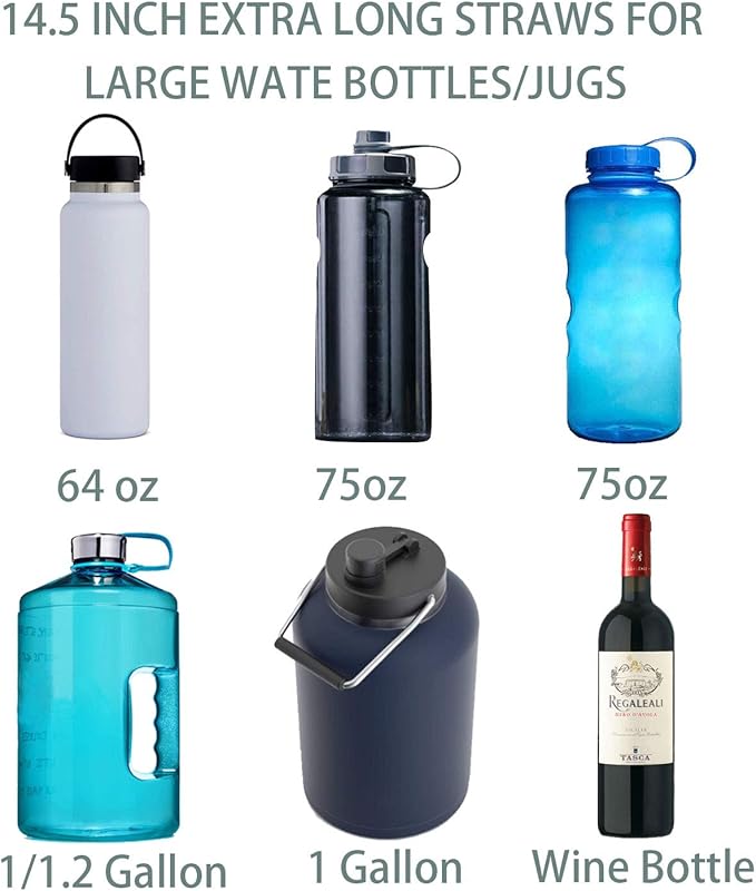 Extra Long 14.5 Inch Reusable Silicone Straws for Wine Bottle,1 Gallon/128 64 75 OZ Water Bottle,Mugs,1/Half Gallon Hydro Water Jug, Flexible Tall Giant Big Gallon Jug Drinking Straw With Brush-8 Pack
