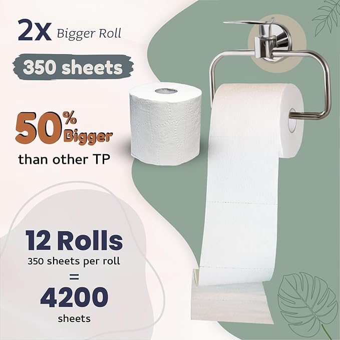 Bamboo Toilet Paper - Organic Ultra Soft 3 Ply - Chemical & PFAS Free, Non-Toxic - 350 Sheets, 12 Pack - Septic Safe, Sustainable - Plant Trees Initiatives with Each Purchase