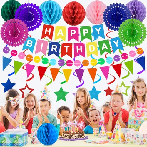 Birthday Decorations Colorful Happy Birthday Banner Paper Fans Honeycomb Balls Hanging Swirl Stars Triangles Dots Garland ...