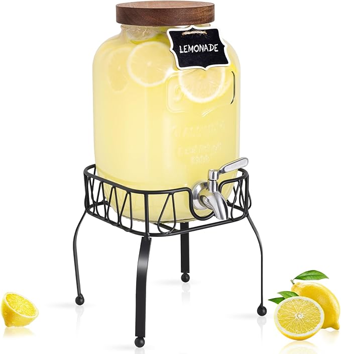 Mustry Glass Drink Dispenser for Parties, 1 Gallon Beverage Dispenser with Stand and Spigot Solid Stainless Steel, Used as...