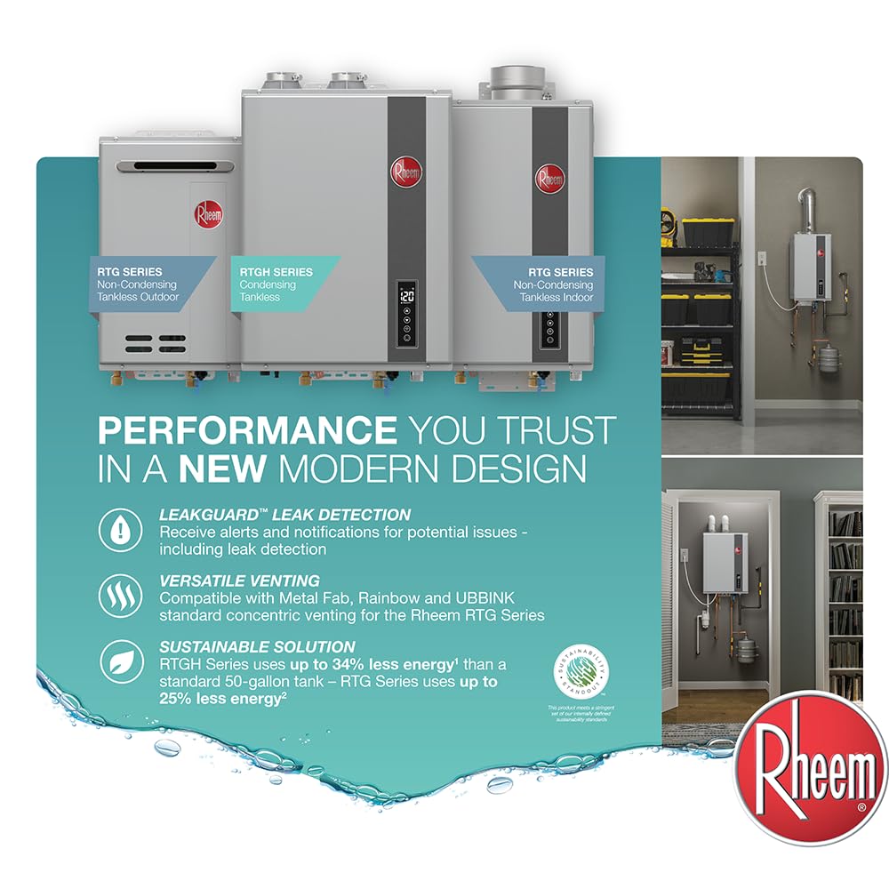 Rheem RRTGH84DVLN3701171 Rheem RTGH Series 8.4 GPM 157,000 BTU 120 Volt Residential Indoor Natural Gas Tankless Water Heater Stainless Steel
