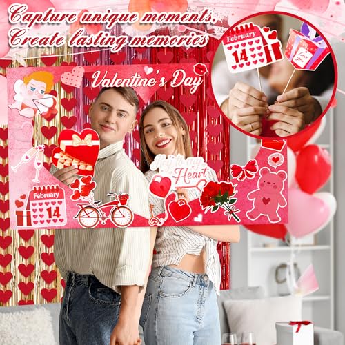 AceOrbit 105 Pcs Valentine Day Photo Booth Prop Kit Large Size Photo Kissing Booth Frame Hand Props Red Hearts Felt Hangin...