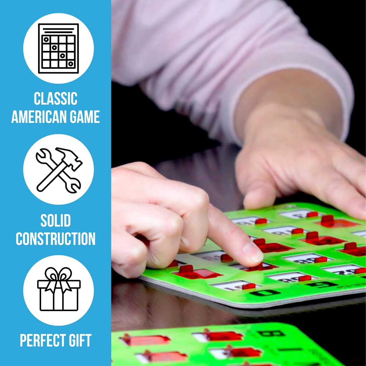 Regal Bingo 10 Bingo Cards with Sliding Windows, Bingo Calling Cards Deck & Master Board Bulk Kit - Reusable Large Print Bingo Game Set for Adults & Seniors Large Group - (Jumbo, Green)