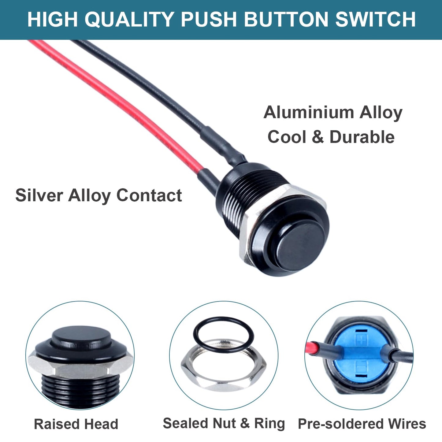 DMWD 5pcs 12mm Latching Push Button Switch Raised Head ON-Off Normally Open with Pre-soldered Cable Aluminium Alloy Shell 12V 24V 36V 110V Waterproof IP66 Without LED (Black)