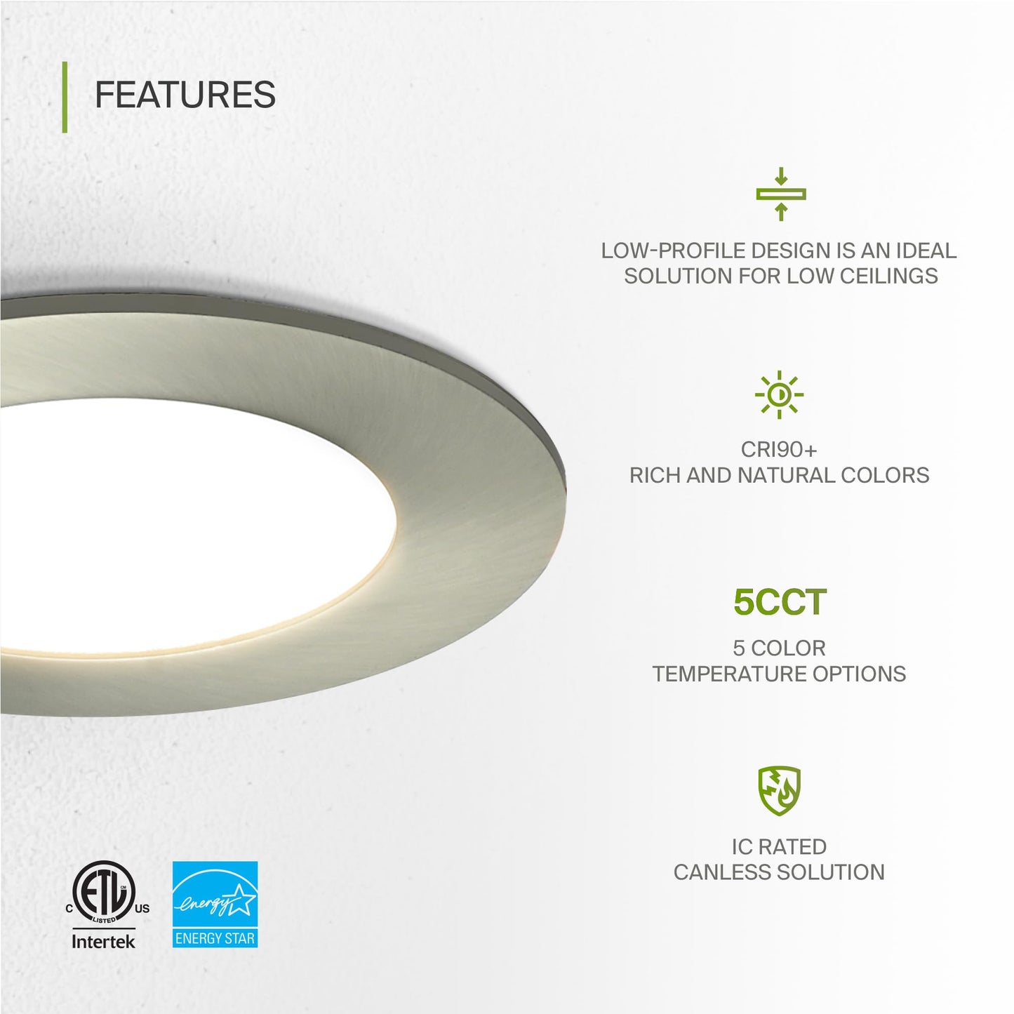 ASD 6 Pack LED Recessed Lighting 4 Inch 9W, 5 CCT 2700K-5000K CRI90+, IC Rated Ultra Thin Dimmable Ceiling Lights with J Box, Canless Wafer Downlight, Round Slim Panel Light, Energy Star ETL, Nickel