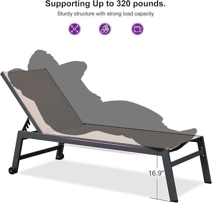 PURPLE LEAF Outdoor Chaise Lounge Set for 2 Oversized Pool Lounge Chairs with Easy-to-Move Wheels and Adjustable Backrest Extra Large Patio Loungers for Poolside Deck Beach Table Included, Sand Beige