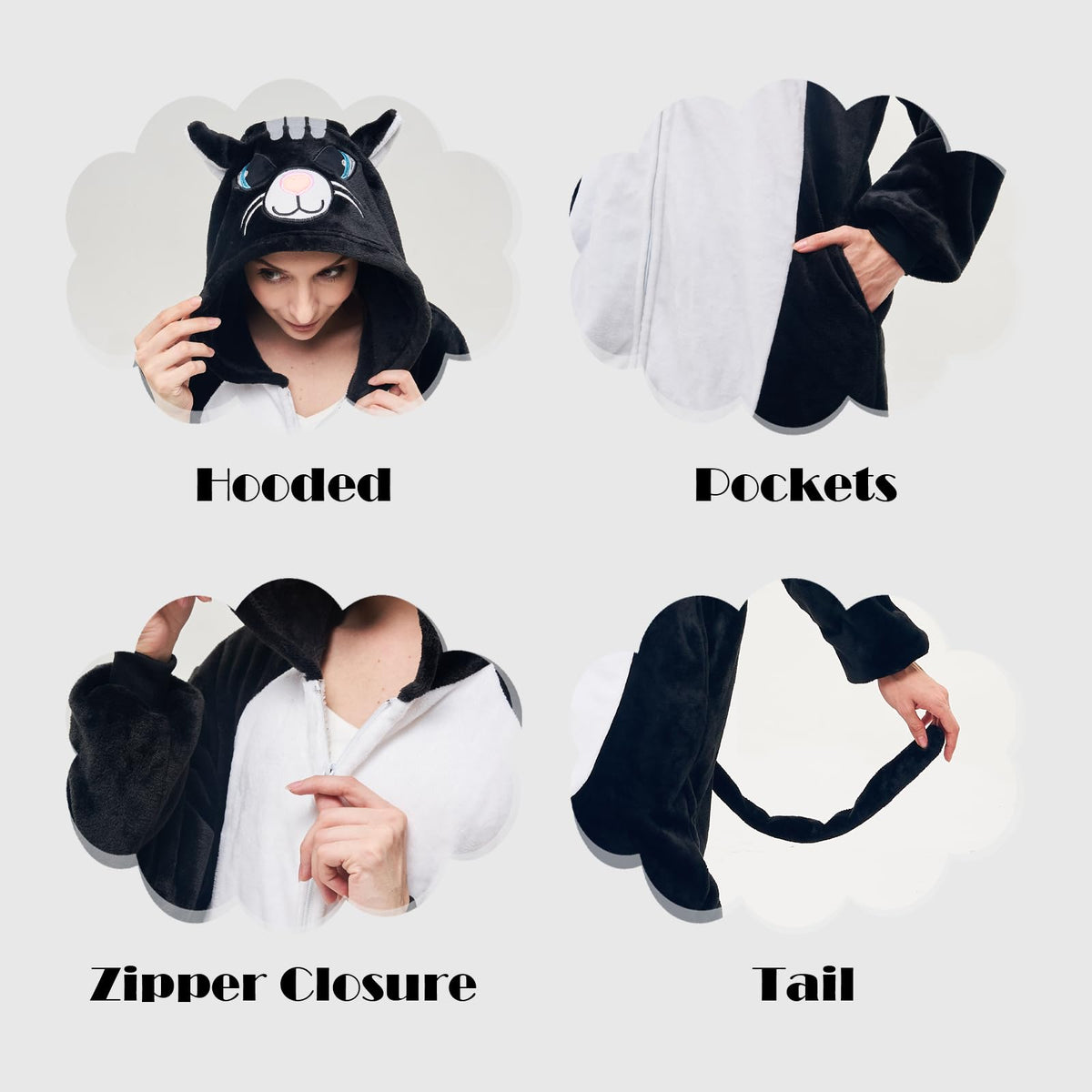 NEWCOSPLAY Unisex Adult Black Cat Onesie Pajamas Animal One Piece Costume Cosplay Sleepwear (Black Cat, Small)