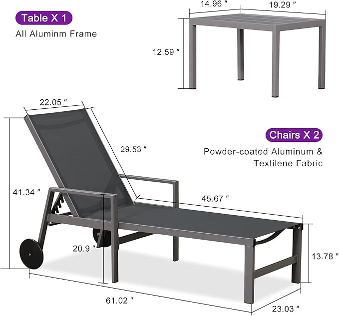 PURPLE LEAF Outdoor Chaise Lounge Set for 2 Aluminum Patio Chaise Lounger Chairs with Armrest and Wheels Adjustable Pool Chaise Lounge Chair for Beach Yard Poolside Table Included, Grey