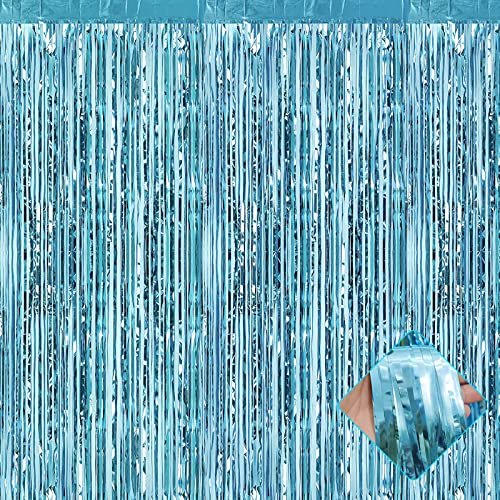 4 Pack Light Blue Foil Fringe Curtain Backdrop, 3.2Ft x 9.8Ft Metallic Tinsel Foil Fringe Streamers Curtains for Party, Ph...